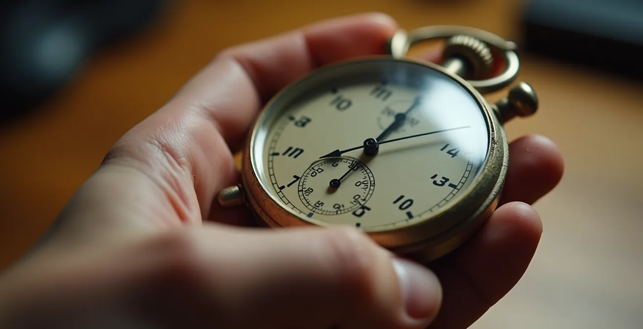 Détail d'une main tenant un chronomètre avec effet de flou de mouvement