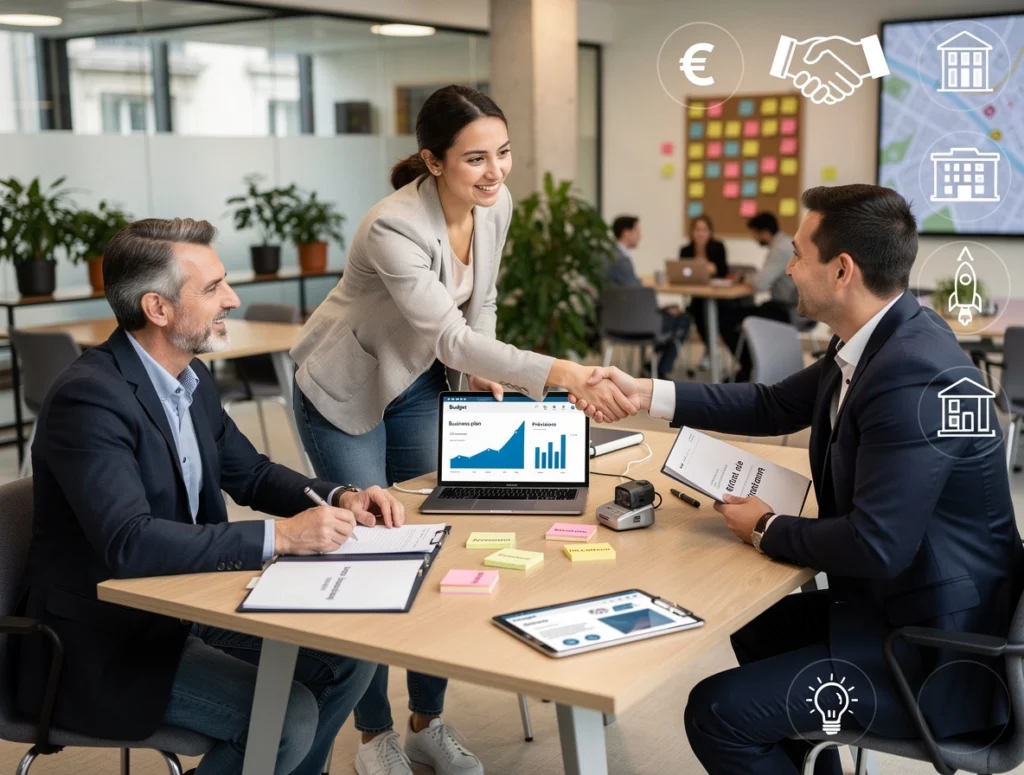 Une femme et deux hommes discutent des secteurs émlergents Une femme et deux hommes discutent des secteurs émlergents