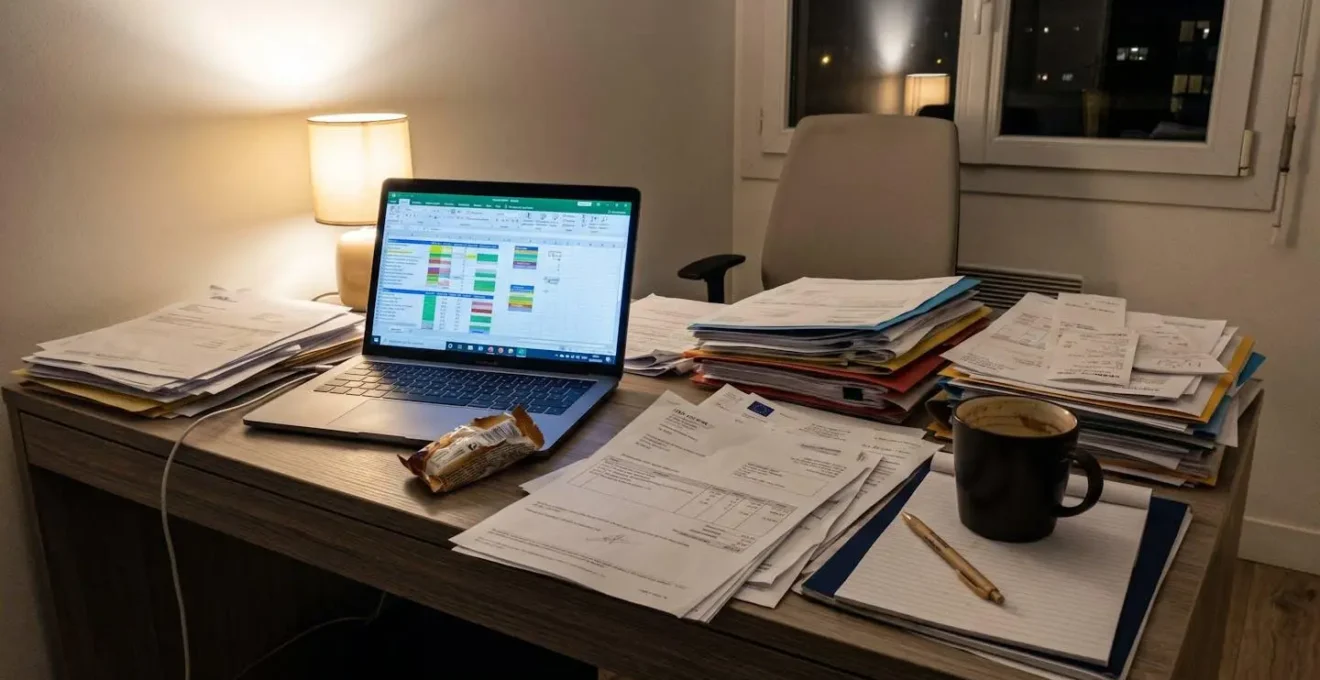 Bureau à domicile minimaliste avec ordinateur portable fermé, carnet ouvert et plante verte sur le rebord d'une fenêtre