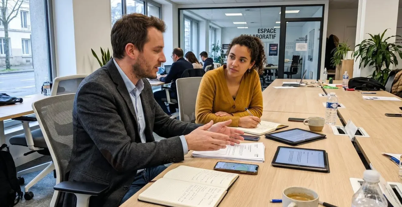 Deux professionnels échangent des documents dans un espace de coworking lumineux avec grandes baies vitrées en arrière-plan