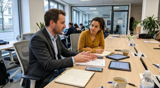 Deux professionnels échangent des documents dans un espace de coworking lumineux avec grandes baies vitrées en arrière-plan