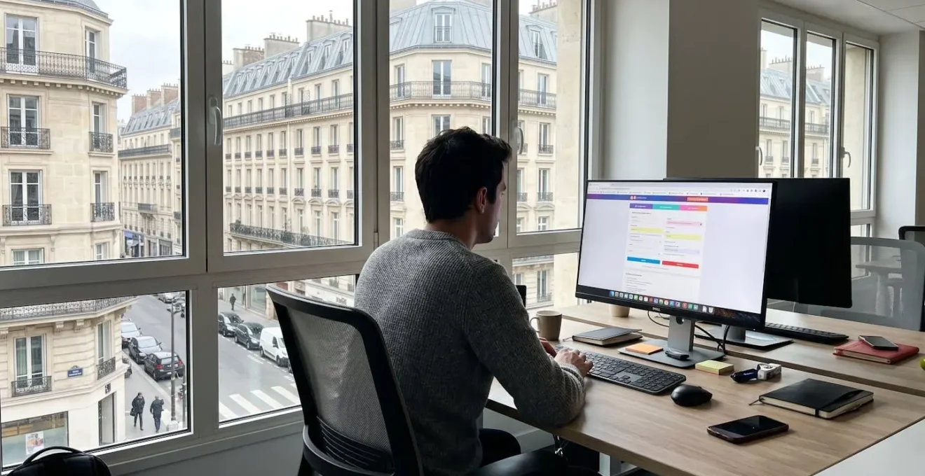 Vue de dos d'un professionnel assis devant un ordinateur dans un bureau moderne lumineux, en train de remplir un formulaire