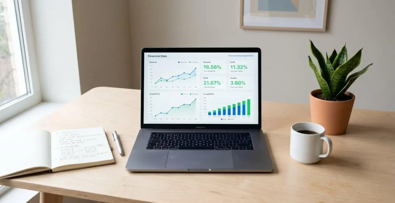 Bureau lumineux et épuré avec ordinateur affichant un tableau de bord financier, symbole de sérénité pour un freelance.