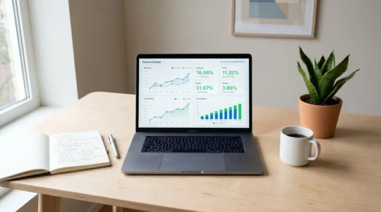 Bureau lumineux et épuré avec ordinateur affichant un tableau de bord financier, symbole de sérénité pour un freelance.