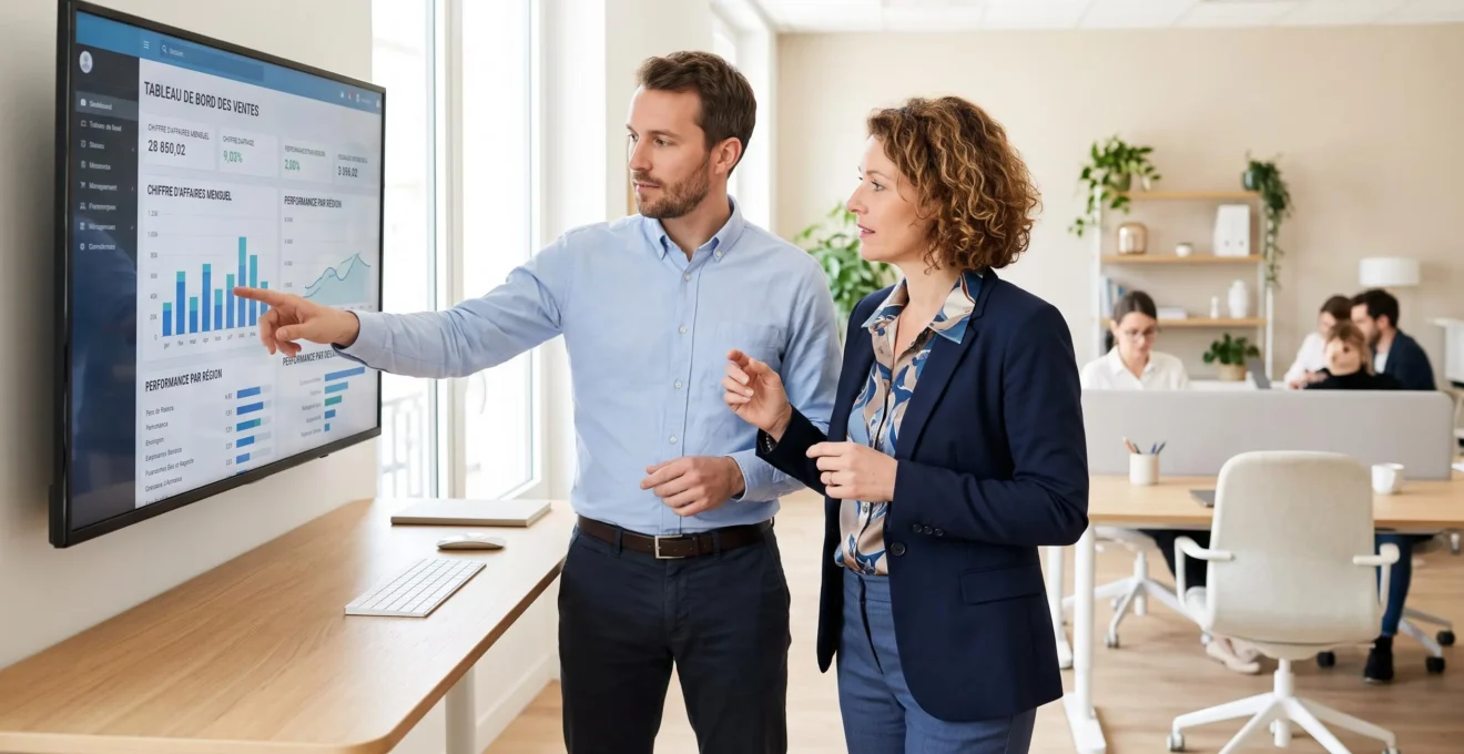 Collaboration entre commercial et comptable d'une PME devant un écran affichant un logiciel de gestion des encours clients