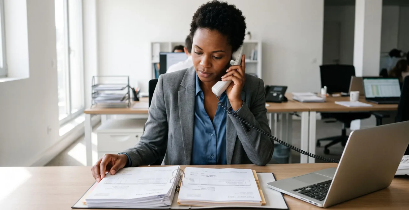 Responsable comptable d'une PME effectuant une relance téléphonique client avec dossier factures ouvert sur son bureau