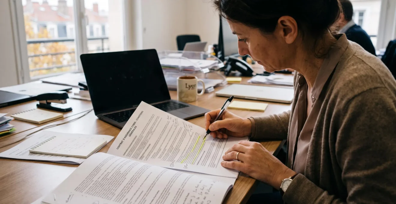 Une courtière relit un contrat d'assurance cyber au stylo dans un bureau éclairé en journée.
