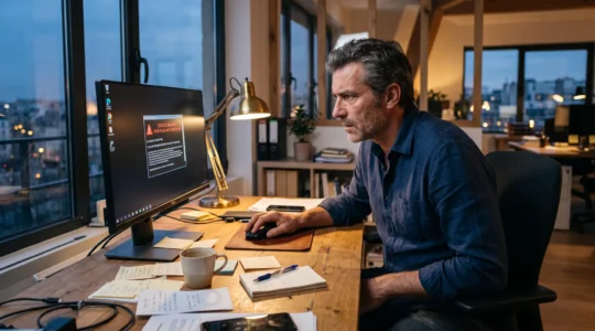 Un dirigeant d'entreprise constate un blocage sur son ordinateur dans un bureau en fin de journée.