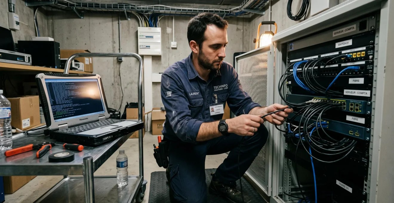 Un technicien informatique vérifie les câbles d'un baie de serveurs dans une salle technique.